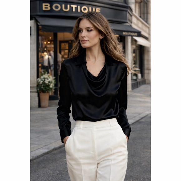 Tops - Black Satin Luxe Collared Top with V Neck Draping